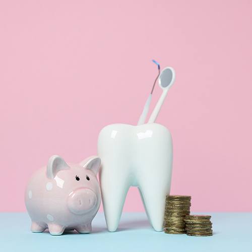 Piggy bank, toothbrush with dental tools, and coins